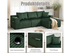 Sofá|DripeX Sofá de Canto Modular 3 Lugares, de Veludo Cotelê, com Porta-copos, Almofadas e Bolsos Laterais, Chaise Longue 118cm, Verde