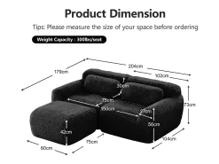 DripeX Sofá de Canto Modular 2 lugares em tecido peluche, com puff e 2 almofadas, 204x179x73cm,^ Sofá