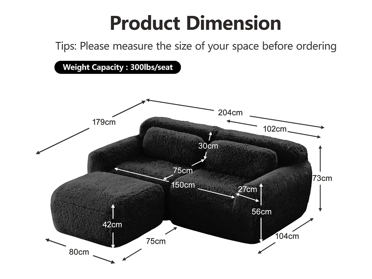 DripeX Sofá de Canto Modular 2 lugares em tecido peluche, com puff e 2 almofadas, 204x179x73cm,^ Sofá