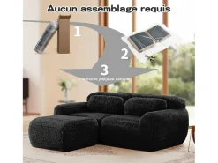 DripeX Sofá de Canto Modular 2 lugares em tecido peluche, com puff e 2 almofadas, 204x179x73cm,^ Sofá