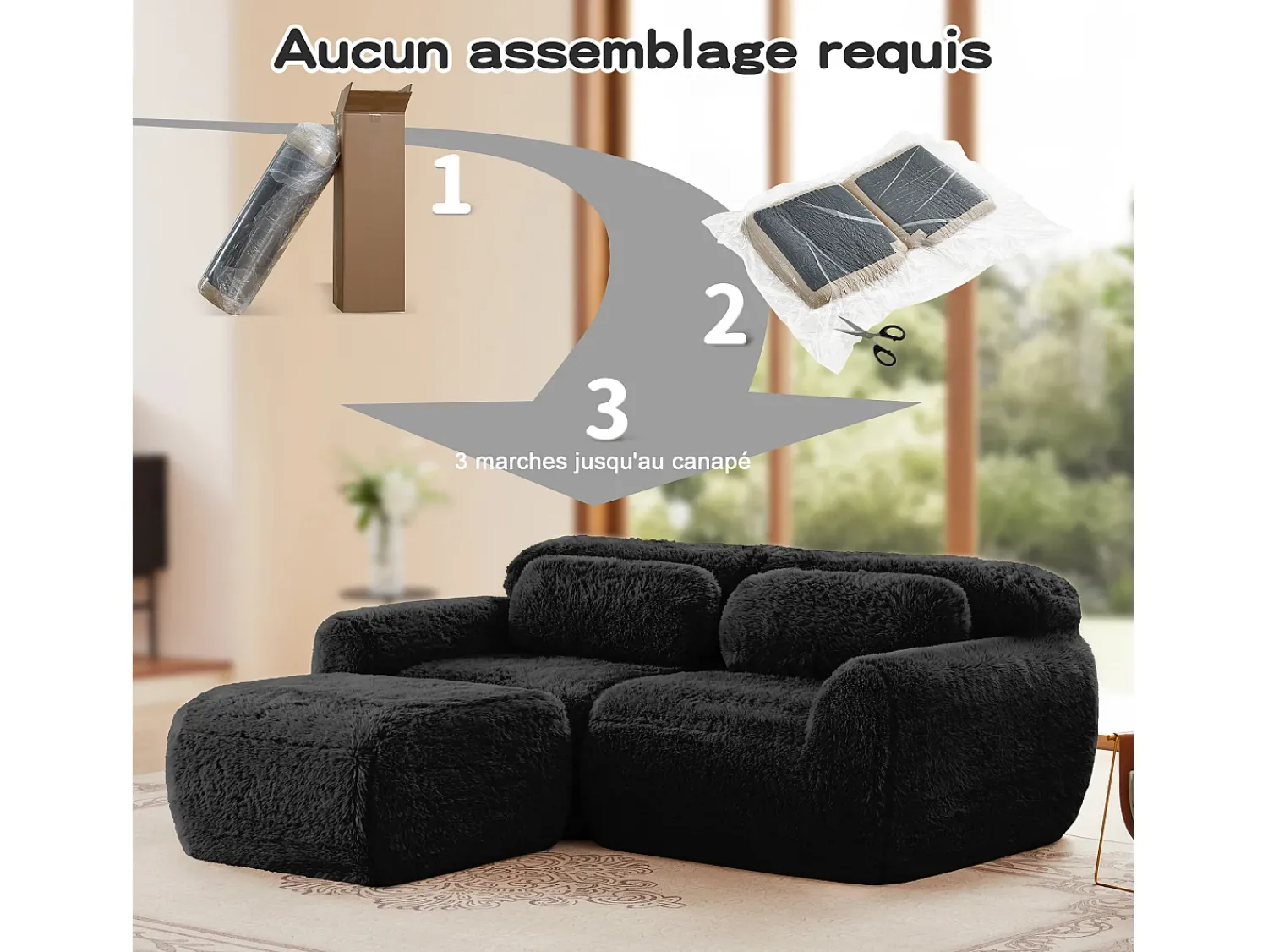 DripeX Sofá de Canto Modular 2 lugares em tecido peluche, com puff e 2 almofadas, 204x179x73cm,^ Sofá