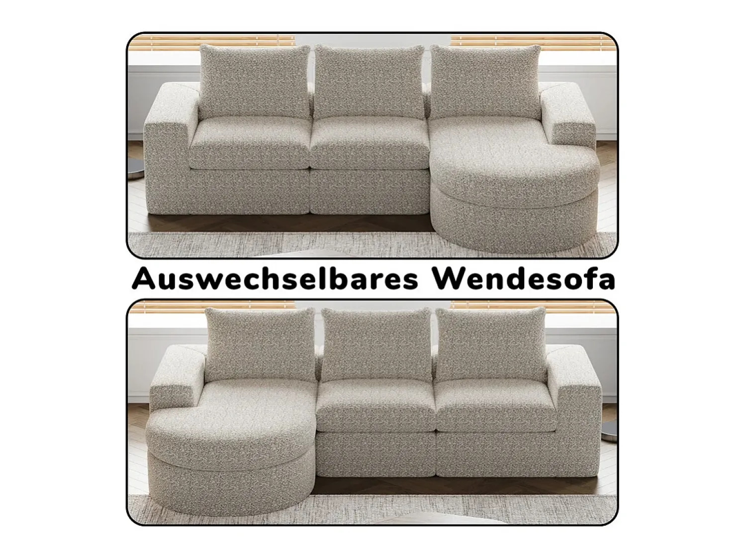 Best DripeX Sofá de Canto Modular 3 Lugares, com Chaise Longue Curva Reversível, 3 Almofadas e Almofadas Cervicais, Tecido Chenille, Bege
