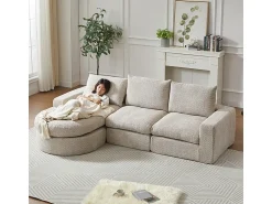 Best DripeX Sofá de Canto Modular 3 Lugares, com Chaise Longue Curva Reversível, 3 Almofadas e Almofadas Cervicais, Tecido Chenille, Bege