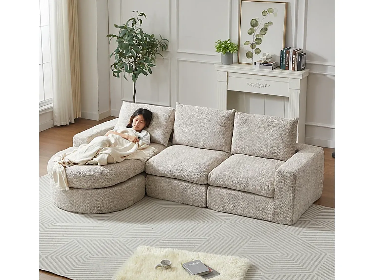 Best DripeX Sofá de Canto Modular 3 Lugares, com Chaise Longue Curva Reversível, 3 Almofadas e Almofadas Cervicais, Tecido Chenille, Bege
