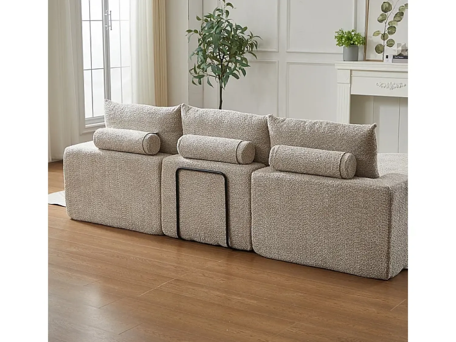 Best DripeX Sofá de Canto Modular 3 Lugares, com Chaise Longue Curva Reversível, 3 Almofadas e Almofadas Cervicais, Tecido Chenille, Bege