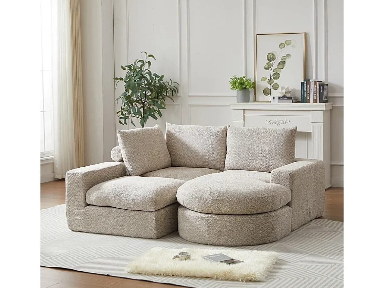 Best DripeX Sofá de Canto Modular 3 Lugares, com Chaise Longue Curva Reversível, 3 Almofadas e Almofadas Cervicais, Tecido Chenille, Bege