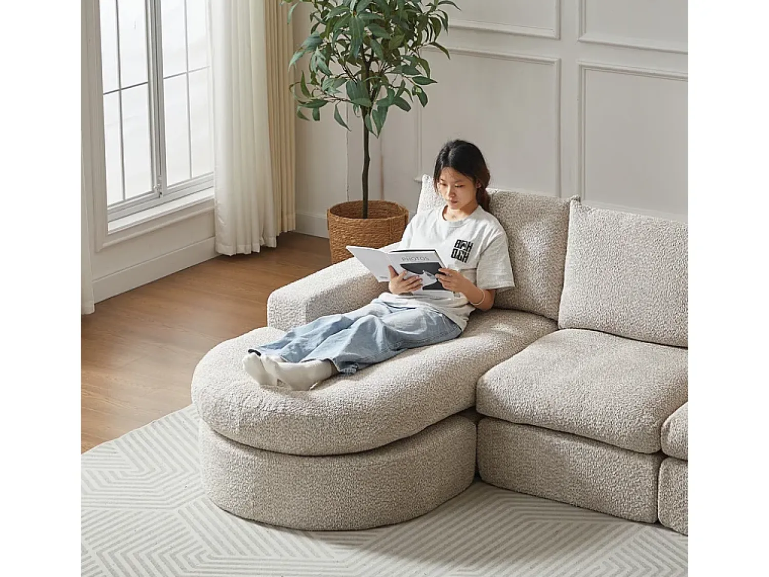 Best DripeX Sofá de Canto Modular 3 Lugares, com Chaise Longue Curva Reversível, 3 Almofadas e Almofadas Cervicais, Tecido Chenille, Bege