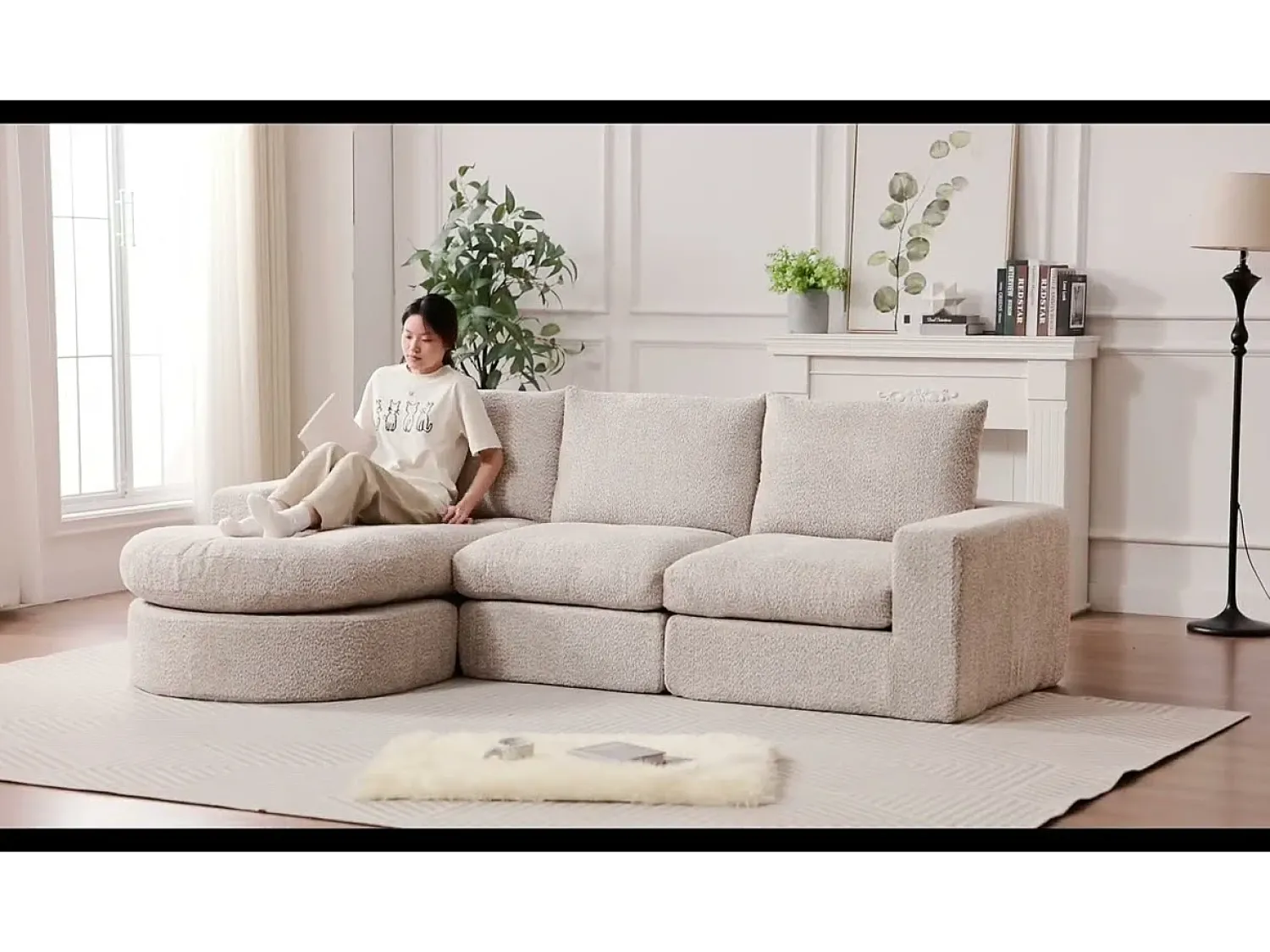 Best DripeX Sofá de Canto Modular 3 Lugares, com Chaise Longue Curva Reversível, 3 Almofadas e Almofadas Cervicais, Tecido Chenille, Bege