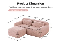 Hot DripeX Sofá de Canto Modular 2 lugares em tecido peluche, com puff e 2 almofadas, 204x179x73cm, Rosa