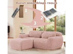 Hot DripeX Sofá de Canto Modular 2 lugares em tecido peluche, com puff e 2 almofadas, 204x179x73cm, Rosa