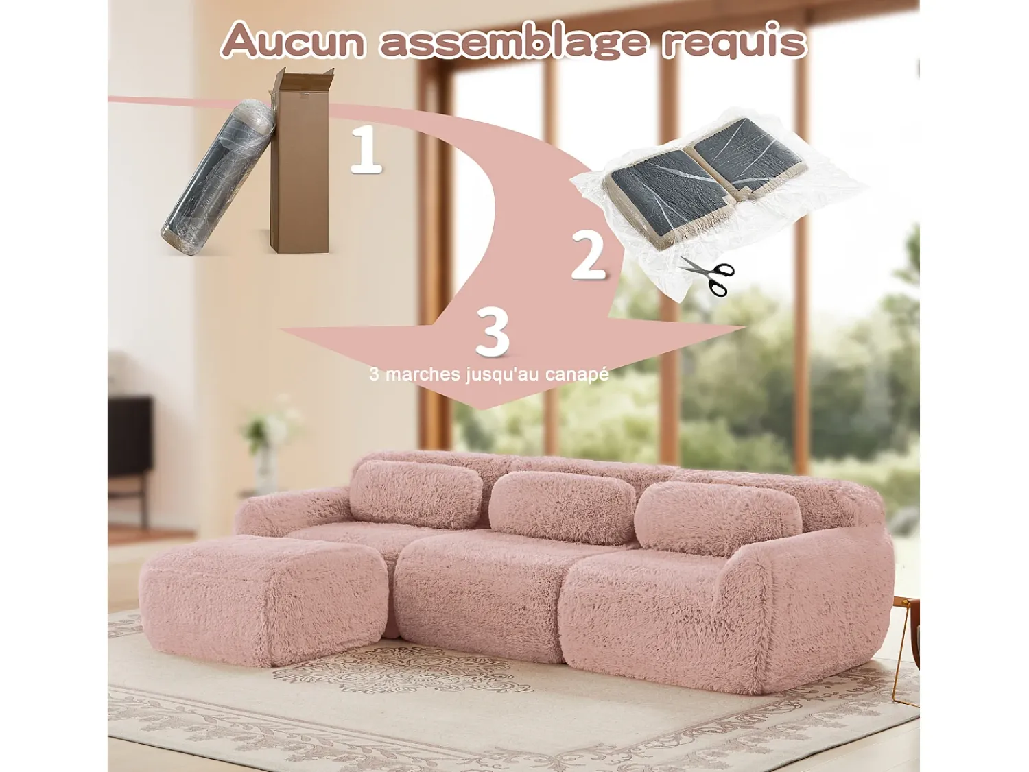 Sofá*DripeX Sofá de Canto Modular 3 lugares em tecido peluche, com puff e 3 almofadas, 291x179x73cm, Rosa