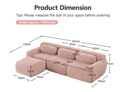 Sofá*DripeX Sofá de Canto Modular 3 lugares em tecido peluche, com puff e 3 almofadas, 291x179x73cm, Rosa