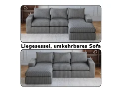 Hot DripeX Sofá de Canto Modular 3 Lugares, de Veludo Cotelê, com Chaise Longue Reversível, 3 Almofadas e Almofadas Cervicais, Cinza Antracito Cinza antracite