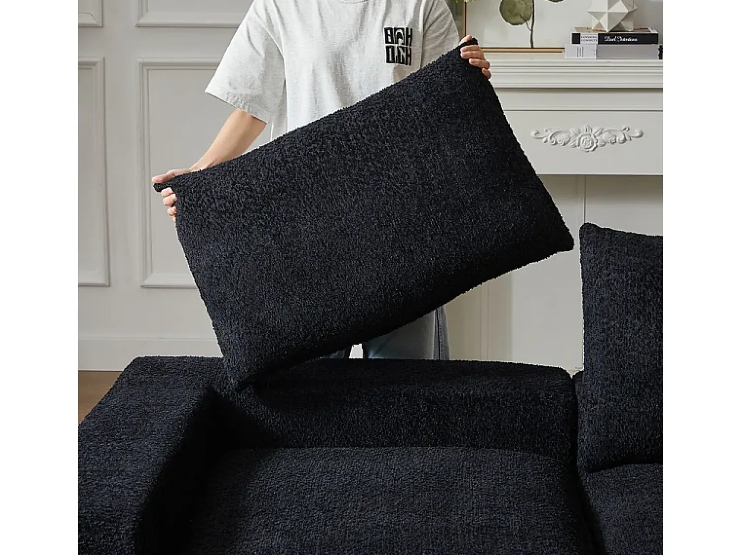 DripeX Sofá de Canto Modular 3 Lugares, com Chaise Longue Curva Reversível, 3 Almofadas e Almofadas Cervicais, Tecido Chenille,^ Sofá