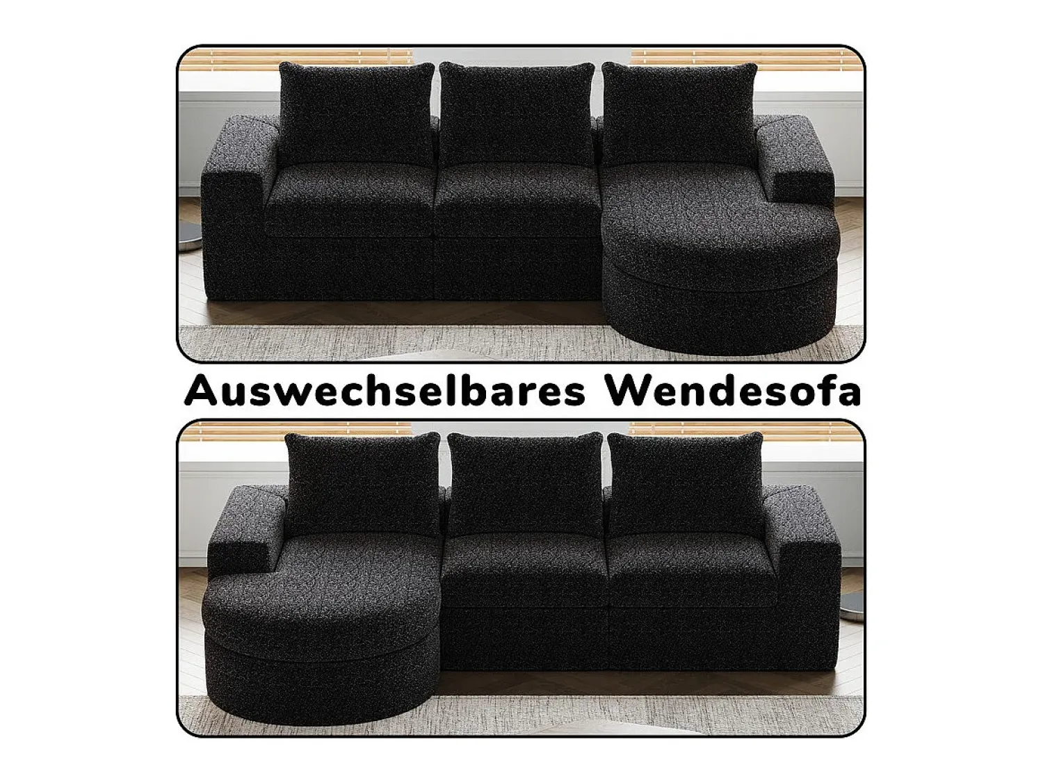 DripeX Sofá de Canto Modular 3 Lugares, com Chaise Longue Curva Reversível, 3 Almofadas e Almofadas Cervicais, Tecido Chenille,^ Sofá