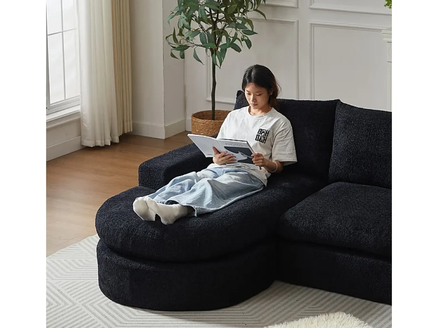 DripeX Sofá de Canto Modular 3 Lugares, com Chaise Longue Curva Reversível, 3 Almofadas e Almofadas Cervicais, Tecido Chenille,^ Sofá