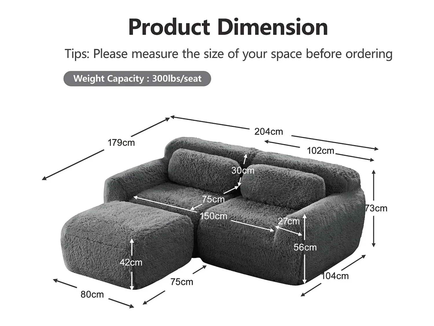 Sofá|DripeX Sofá de Canto Modular 2 lugares em tecido peluche, com puff e 2 almofadas, 204x179x73cm, Cinza Cinzento