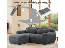 Sofá|DripeX Sofá de Canto Modular 2 lugares em tecido peluche, com puff e 2 almofadas, 204x179x73cm, Cinza Cinzento