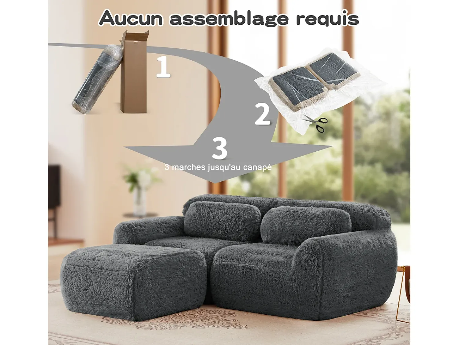 Sofá|DripeX Sofá de Canto Modular 2 lugares em tecido peluche, com puff e 2 almofadas, 204x179x73cm, Cinza Cinzento