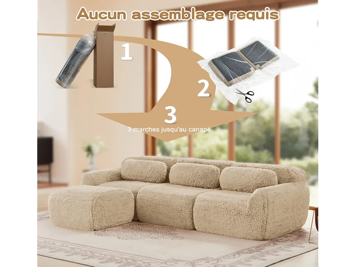 Sofá*DripeX Sofá de Canto Modular 3 lugares em tecido peluche, com puff e 3 almofadas, 291x179x73cm, Caqui