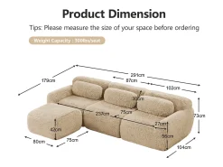 Sofá*DripeX Sofá de Canto Modular 3 lugares em tecido peluche, com puff e 3 almofadas, 291x179x73cm, Caqui
