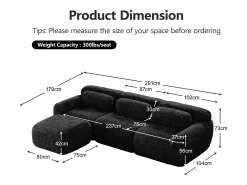 Sofá|DripeX Sofá de Canto Modular 3 lugares em tecido peluche, com puff e 3 almofadas, 291x179x73cm, Preto