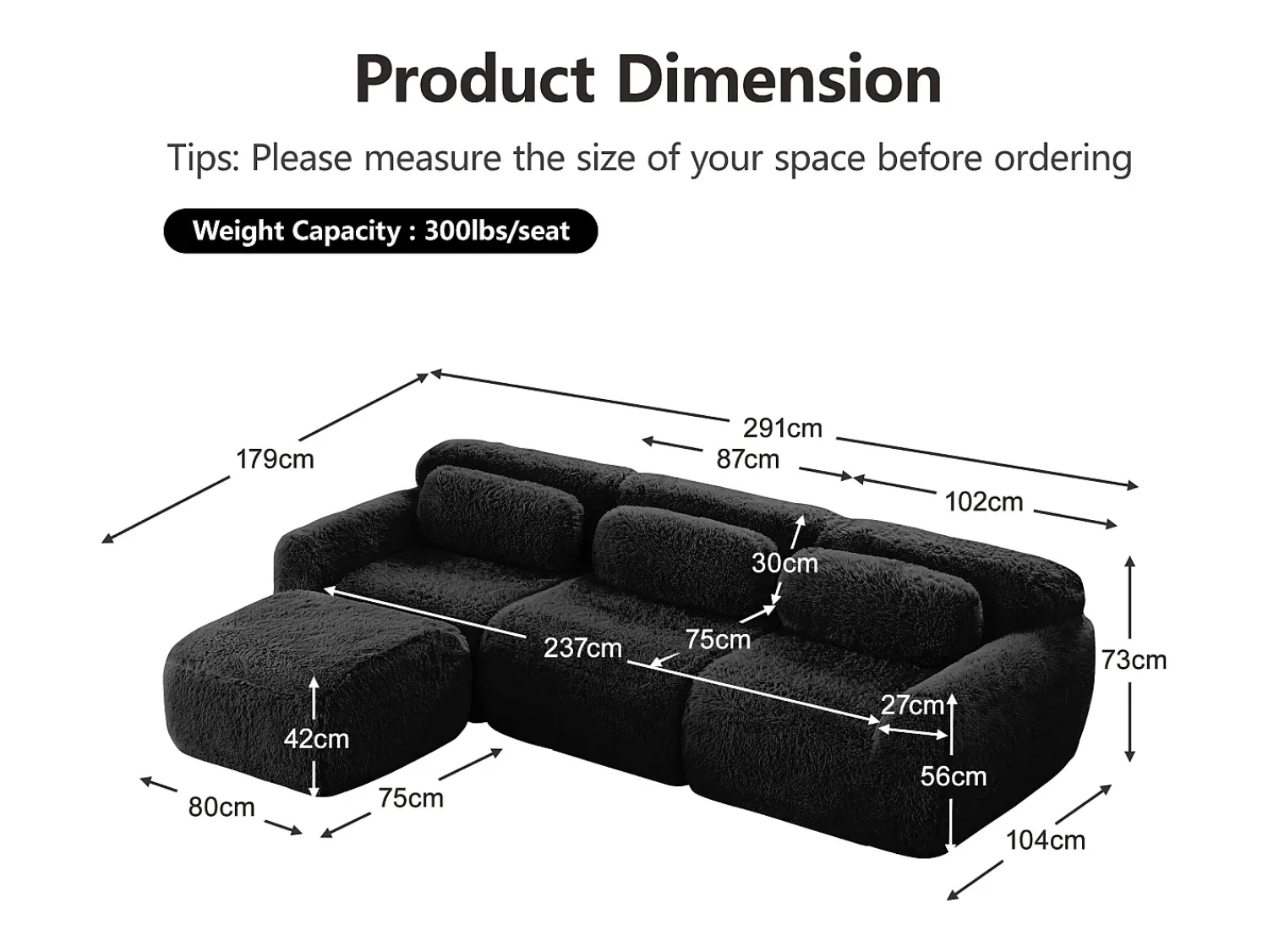 Sofá|DripeX Sofá de Canto Modular 3 lugares em tecido peluche, com puff e 3 almofadas, 291x179x73cm, Preto