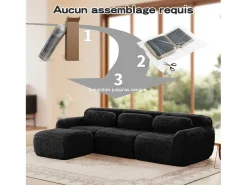 Sofá|DripeX Sofá de Canto Modular 3 lugares em tecido peluche, com puff e 3 almofadas, 291x179x73cm, Preto
