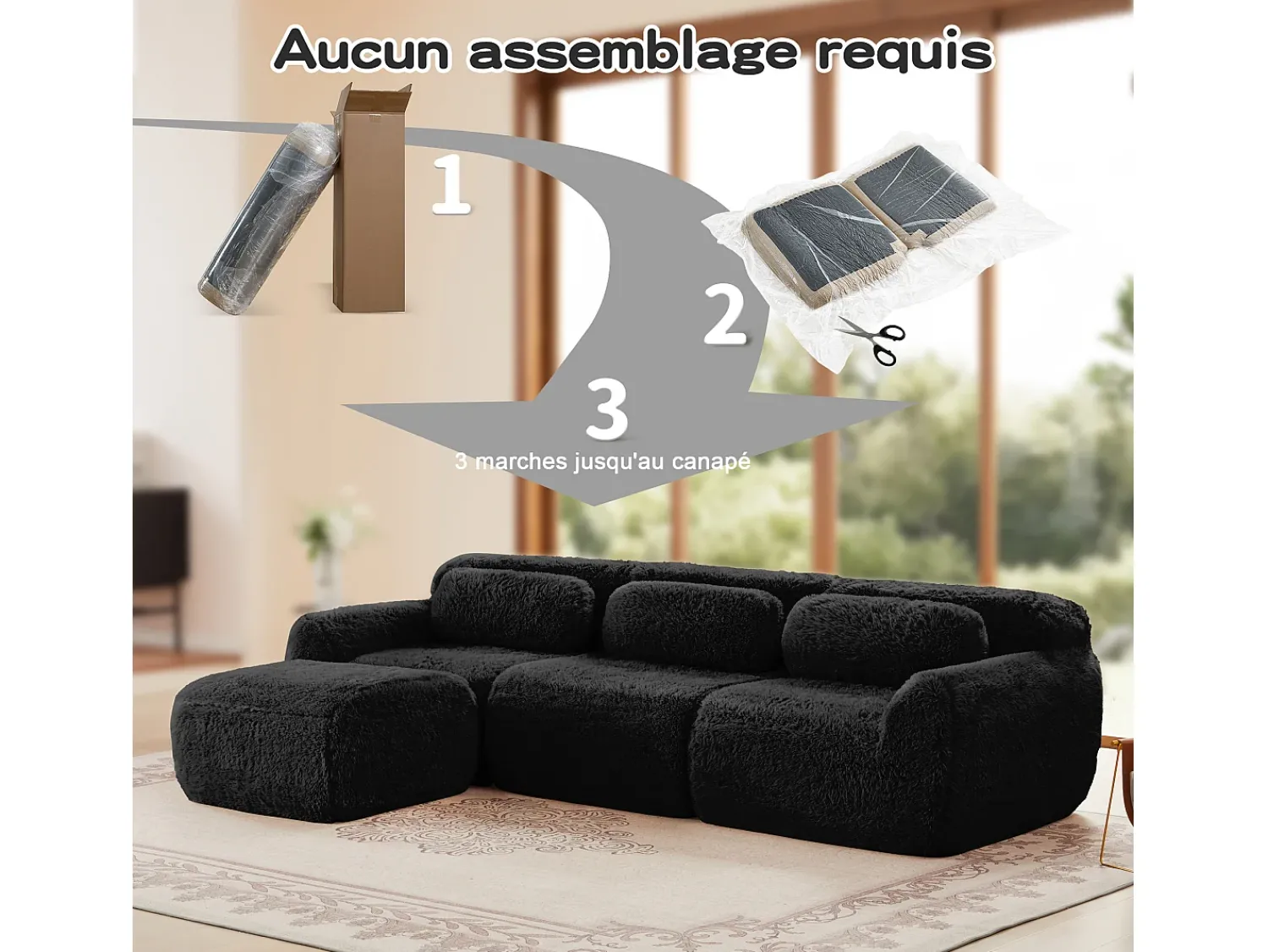 Sofá|DripeX Sofá de Canto Modular 3 lugares em tecido peluche, com puff e 3 almofadas, 291x179x73cm, Preto