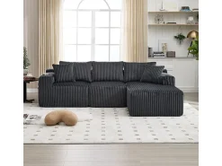 Sofá|DripeX Sofá de Canto Modular 3 Lugares, de Veludo Cotelê, com Porta-copos, Almofadas e Bolsos Laterais, Chaise Longue 118cm, Cinza Cinzento