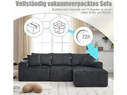 Sofá|DripeX Sofá de Canto Modular 3 Lugares, de Veludo Cotelê, com Porta-copos, Almofadas e Bolsos Laterais, Chaise Longue 118cm, Cinza Cinzento