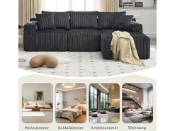 Sofá|DripeX Sofá de Canto Modular 3 Lugares, de Veludo Cotelê, com Porta-copos, Almofadas e Bolsos Laterais, Chaise Longue 118cm, Cinza Cinzento