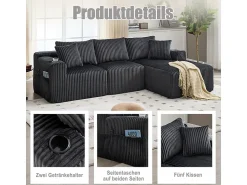Sofá|DripeX Sofá de Canto Modular 3 Lugares, de Veludo Cotelê, com Porta-copos, Almofadas e Bolsos Laterais, Chaise Longue 118cm, Cinza Cinzento