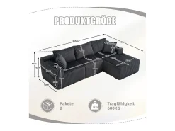 Sofá|DripeX Sofá de Canto Modular 3 Lugares, de Veludo Cotelê, com Porta-copos, Almofadas e Bolsos Laterais, Chaise Longue 118cm, Cinza Cinzento