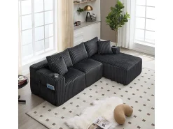Sofá|DripeX Sofá de Canto Modular 3 Lugares, de Veludo Cotelê, com Porta-copos, Almofadas e Bolsos Laterais, Chaise Longue 118cm, Cinza Cinzento