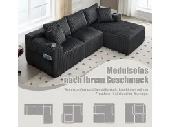 Sofá|DripeX Sofá de Canto Modular 3 Lugares, de Veludo Cotelê, com Porta-copos, Almofadas e Bolsos Laterais, Chaise Longue 118cm, Cinza Cinzento