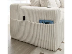 Sofá*DripeX Sofá de Canto Modular 3 Lugares, de Veludo Cotelê, com Porta-copos, Almofadas e Bolsos Laterais, Chaise Longue 118cm, Bege