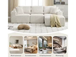 Sofá*DripeX Sofá de Canto Modular 3 Lugares, de Veludo Cotelê, com Porta-copos, Almofadas e Bolsos Laterais, Chaise Longue 118cm, Bege