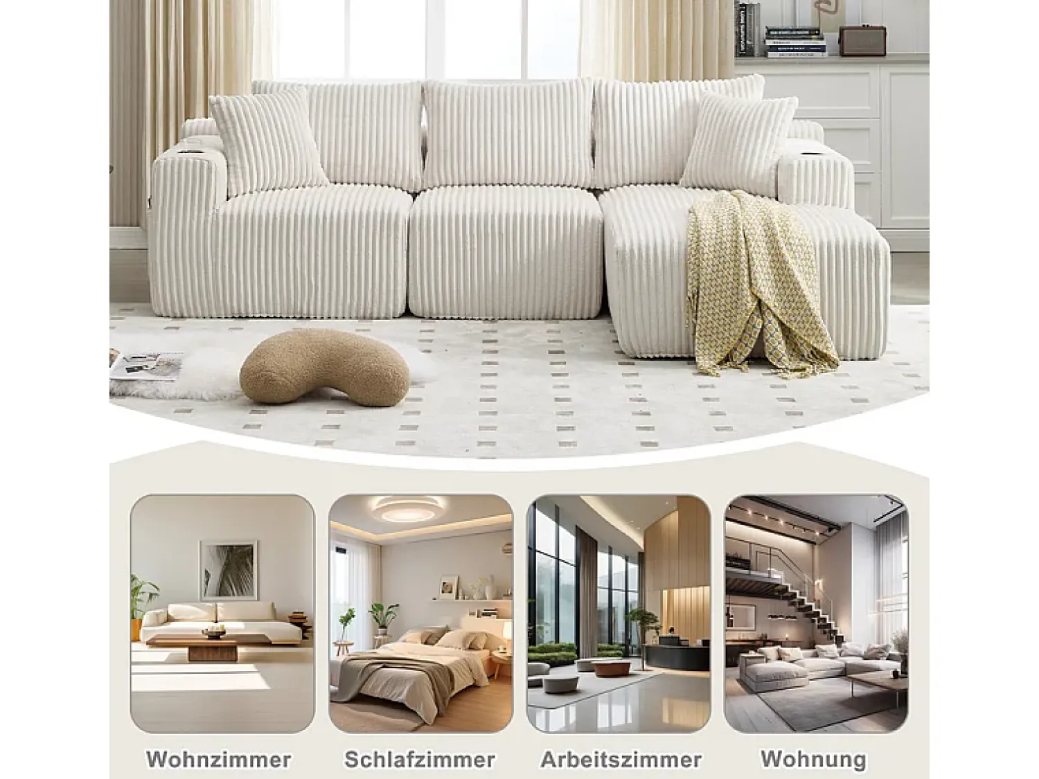Sofá*DripeX Sofá de Canto Modular 3 Lugares, de Veludo Cotelê, com Porta-copos, Almofadas e Bolsos Laterais, Chaise Longue 118cm, Bege