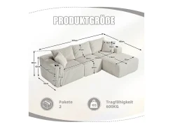 Sofá*DripeX Sofá de Canto Modular 3 Lugares, de Veludo Cotelê, com Porta-copos, Almofadas e Bolsos Laterais, Chaise Longue 118cm, Bege