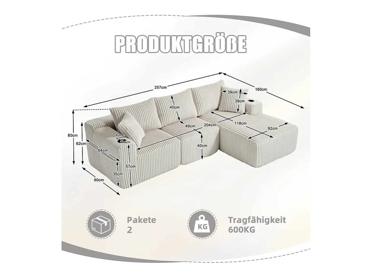 Sofá*DripeX Sofá de Canto Modular 3 Lugares, de Veludo Cotelê, com Porta-copos, Almofadas e Bolsos Laterais, Chaise Longue 118cm, Bege