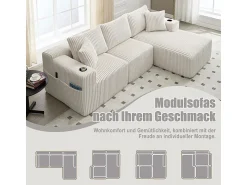 Sofá*DripeX Sofá de Canto Modular 3 Lugares, de Veludo Cotelê, com Porta-copos, Almofadas e Bolsos Laterais, Chaise Longue 118cm, Bege