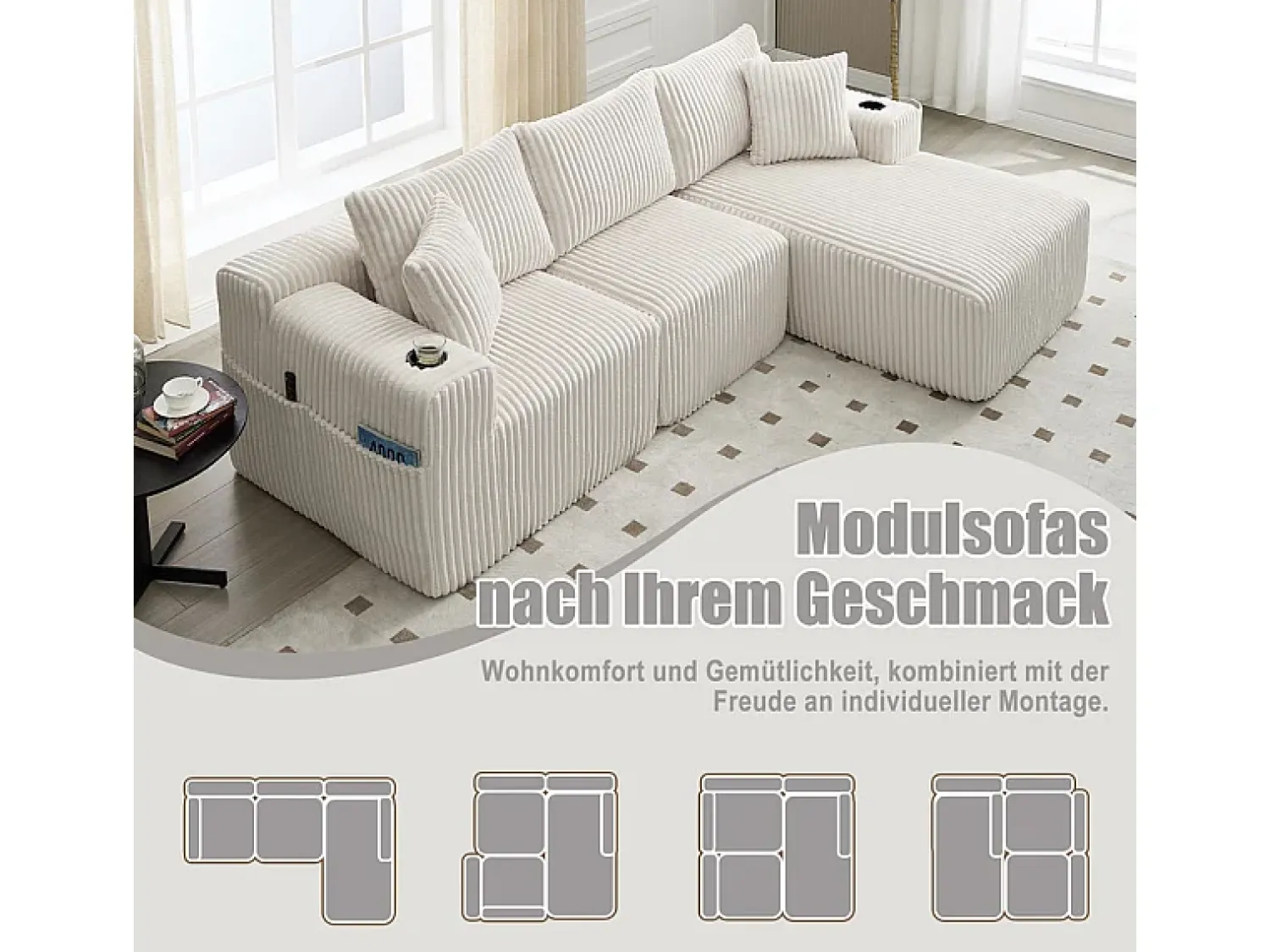 Sofá*DripeX Sofá de Canto Modular 3 Lugares, de Veludo Cotelê, com Porta-copos, Almofadas e Bolsos Laterais, Chaise Longue 118cm, Bege