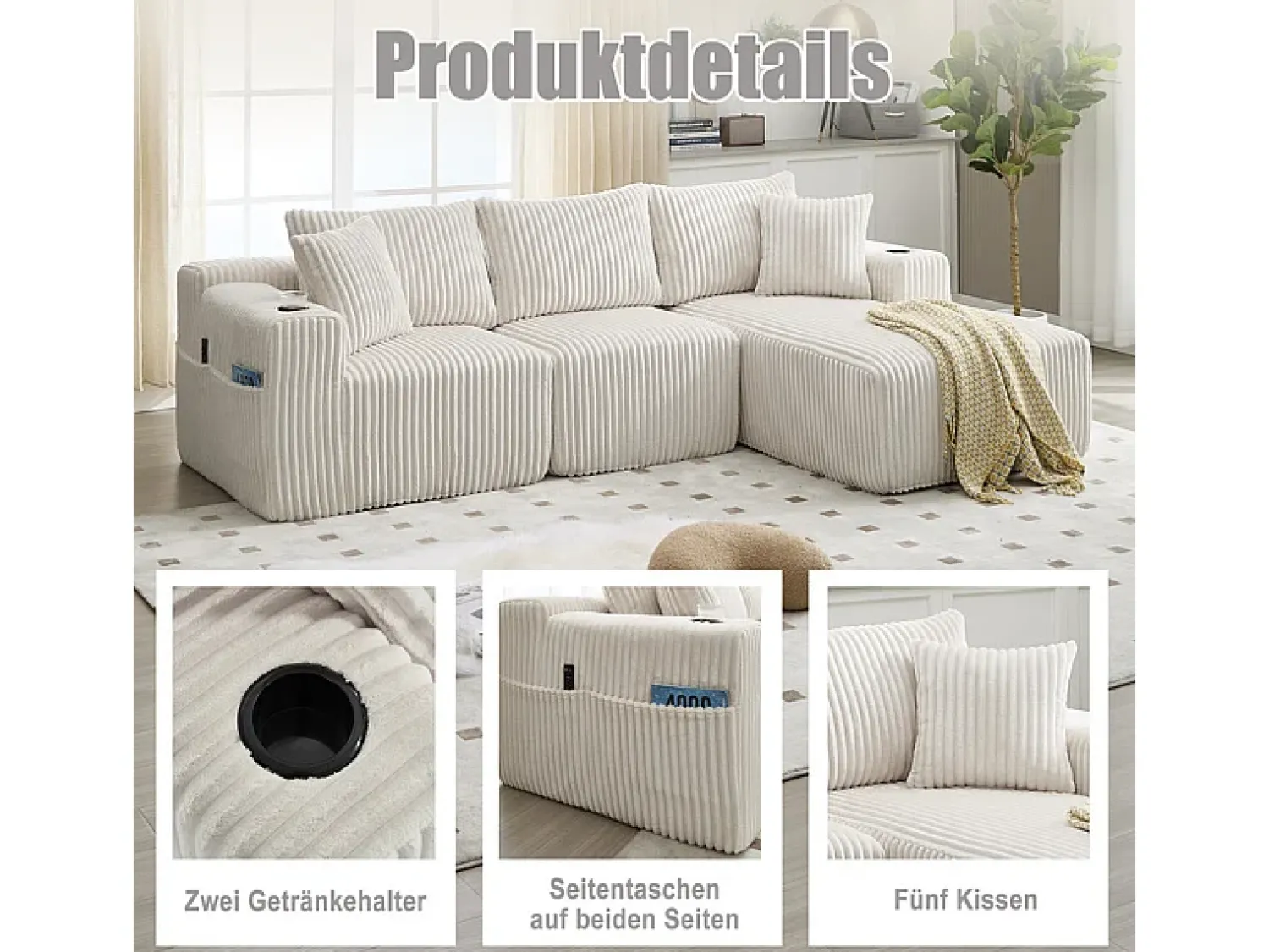 Sofá*DripeX Sofá de Canto Modular 3 Lugares, de Veludo Cotelê, com Porta-copos, Almofadas e Bolsos Laterais, Chaise Longue 118cm, Bege