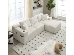 Sofá*DripeX Sofá de Canto Modular 3 Lugares, de Veludo Cotelê, com Porta-copos, Almofadas e Bolsos Laterais, Chaise Longue 118cm, Bege