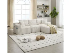 Sofá*DripeX Sofá de Canto Modular 3 Lugares, de Veludo Cotelê, com Porta-copos, Almofadas e Bolsos Laterais, Chaise Longue 118cm, Bege