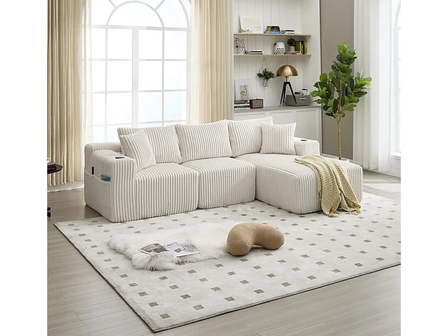 Sofá*DripeX Sofá de Canto Modular 3 Lugares, de Veludo Cotelê, com Porta-copos, Almofadas e Bolsos Laterais, Chaise Longue 118cm, Bege