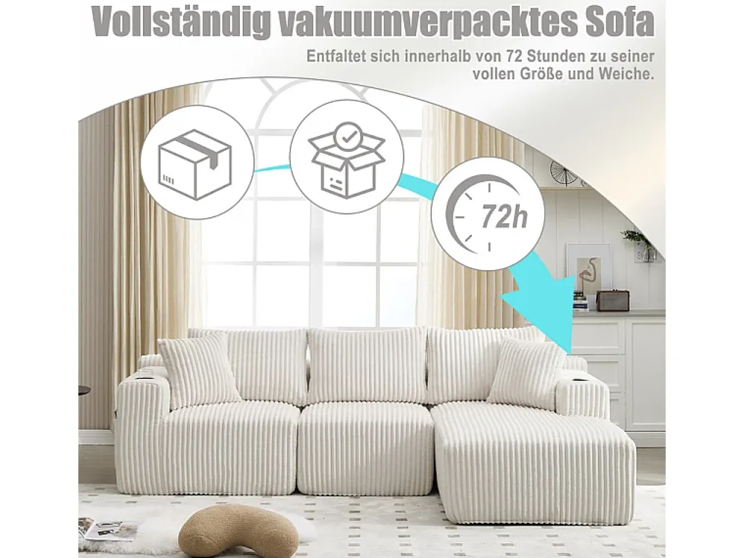 Sofá*DripeX Sofá de Canto Modular 3 Lugares, de Veludo Cotelê, com Porta-copos, Almofadas e Bolsos Laterais, Chaise Longue 118cm, Bege