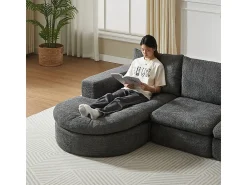 Sofá|DripeX Sofá de Canto Modular 3 Lugares, com Chaise Longue Curva Reversível, 3 Almofadas e Almofadas Cervicais, Tecido Chenille, Cinza Cinzento