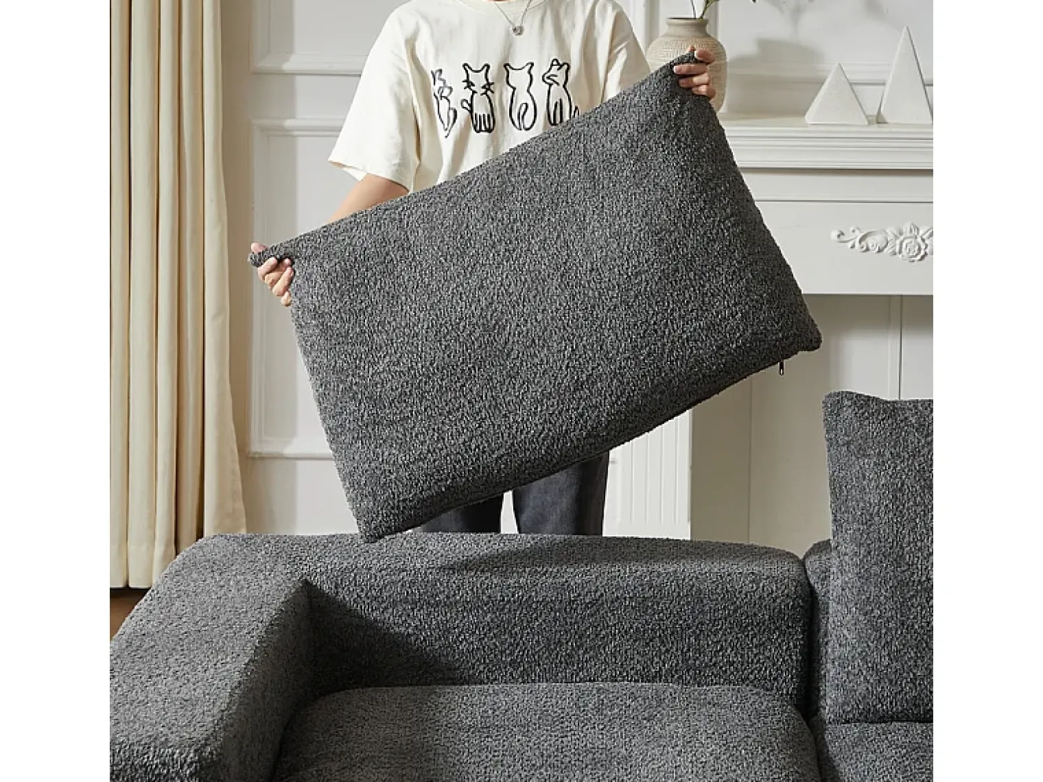 Sofá|DripeX Sofá de Canto Modular 3 Lugares, com Chaise Longue Curva Reversível, 3 Almofadas e Almofadas Cervicais, Tecido Chenille, Cinza Cinzento